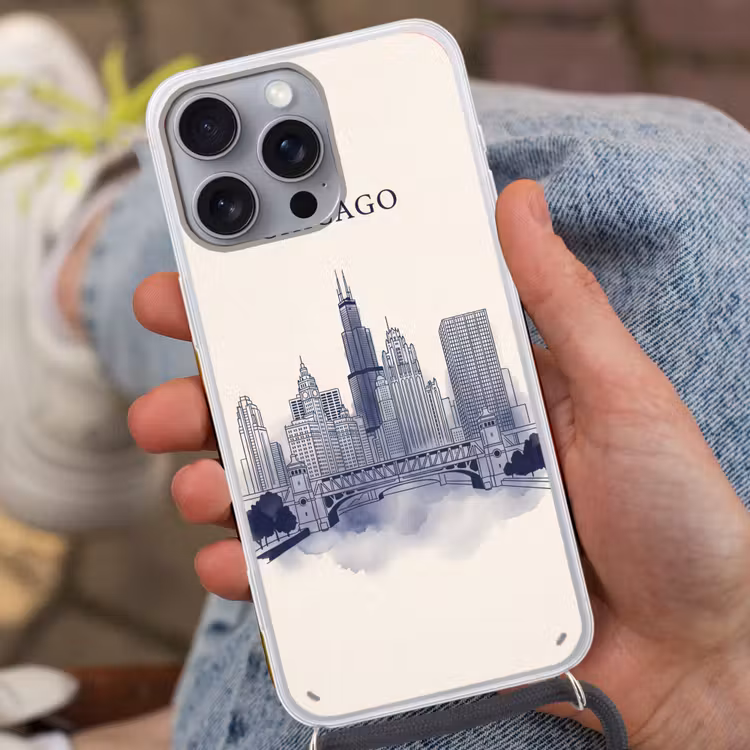 Stad - Skyline - Architectuur - Lijntekening - Blauw Hoesje iPhone 16 Pro Max met koord klein -sfeer3