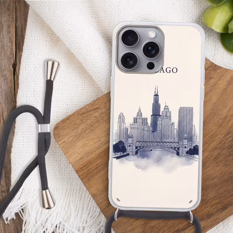 Stad - Skyline - Architectuur - Lijntekening - Blauw Hoesje iPhone 16 Pro Max met koord klein -sfeer4