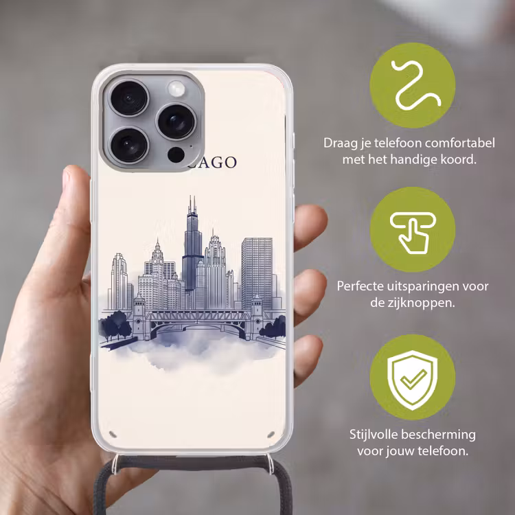 Stad - Skyline - Architectuur - Lijntekening - Blauw Hoesje iPhone 16 Pro Max met koord klein -sfeer2_NL