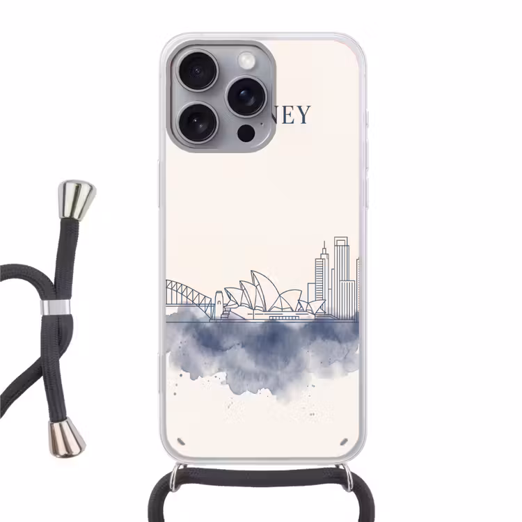 Stad - Skyline - Architectuur - Minimalistisch - Blauw Hoesje iPhone 16 Pro Max met koord klein -3d