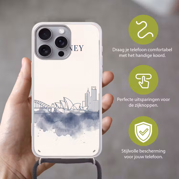 Stad - Skyline - Architectuur - Minimalistisch - Blauw Hoesje iPhone 16 Pro Max met koord klein -sfeer2_NL