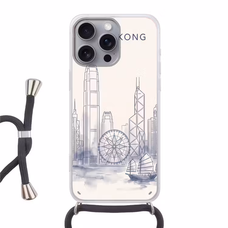 Stad - Skyline - Water - Lijntekening - Blauw Hoesje iPhone 16 Pro Max met koord klein -3d