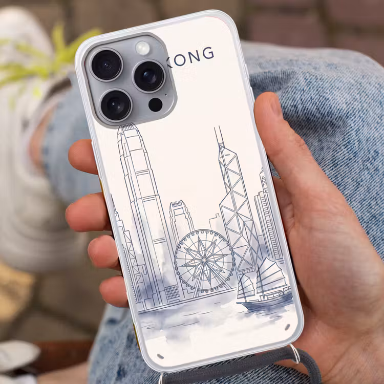 Stad - Skyline - Water - Lijntekening - Blauw Hoesje iPhone 16 Pro Max met koord klein -sfeer3