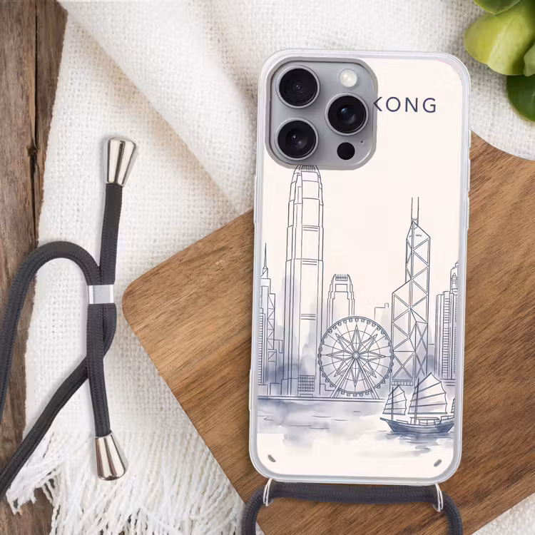 Stad - Skyline - Water - Lijntekening - Blauw Hoesje iPhone 16 Pro Max met koord klein -sfeer4