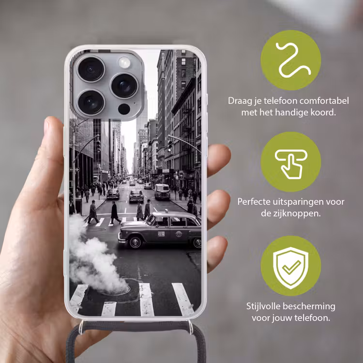 Stad - Straat - Gebouwen - Verkeer - Zwart-wit Hoesje iPhone 16 Pro Max met koord klein -sfeer2_NL