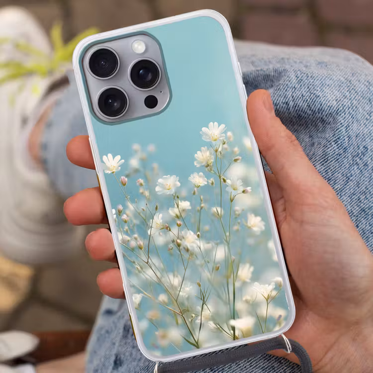 Stengels - Bloemen - Lucht - Wit Hoesje iPhone 16 Pro Max met koord klein -sfeer3