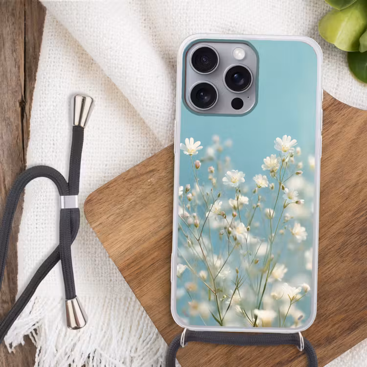 Stengels - Bloemen - Lucht - Wit Hoesje iPhone 16 Pro Max met koord klein -sfeer4