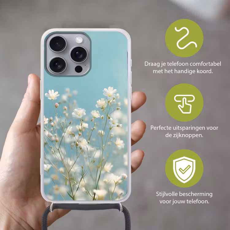 Stengels - Bloemen - Lucht - Wit Hoesje iPhone 16 Pro Max met koord klein -sfeer2_NL