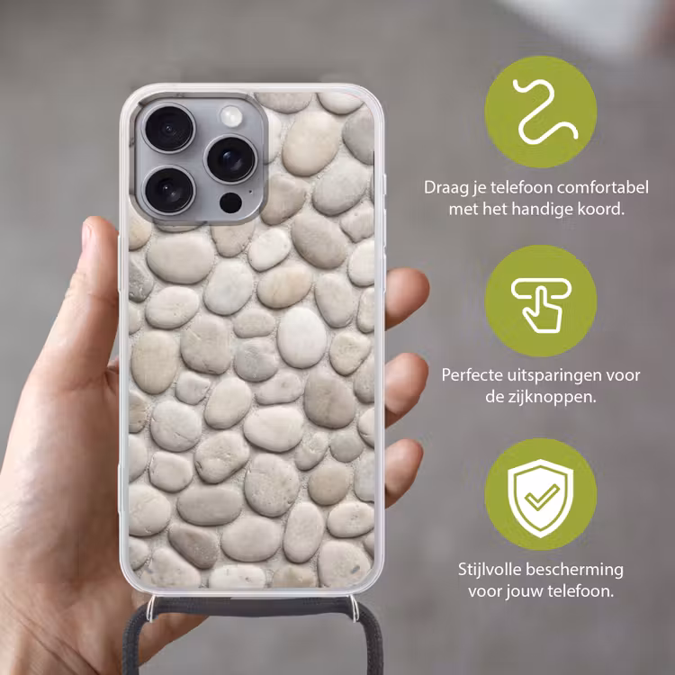 Steen - Kiezel - Natuur - Minimalistisch - Beige Hoesje iPhone 16 Pro Max met koord klein -sfeer2_NL