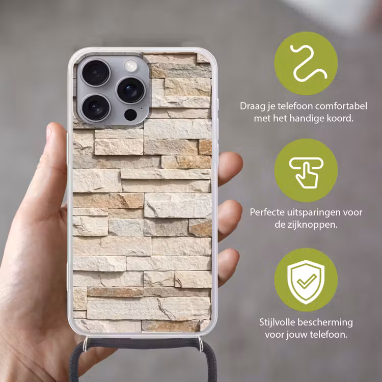 Steen - Muur - Textuur - Rustiek - Beige Hoesje iPhone 16 Pro Max met koord klein -sfeer2_NL