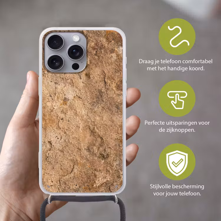 Steen - Natuur - Textuur - Abstract - Bruin Hoesje iPhone 16 Pro Max met koord klein -sfeer2_NL