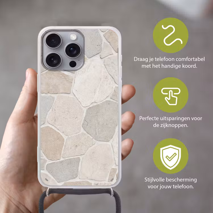 Steen - Patroon - Textuur - Beige Hoesje iPhone 16 Pro Max met koord klein -sfeer2_NL