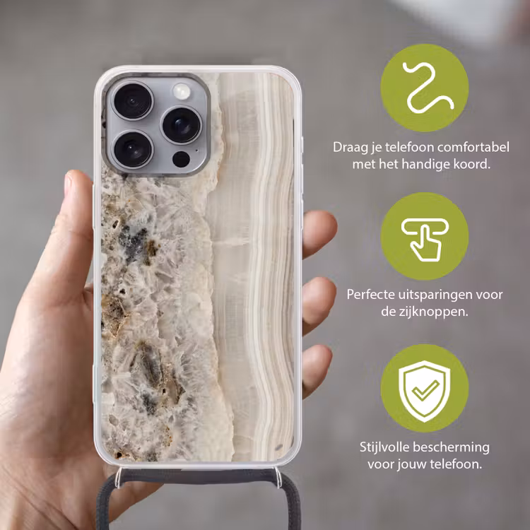 Steen - Textuur - Abstract - Beige - Wit Hoesje iPhone 16 Pro Max met koord klein -sfeer2_NL
