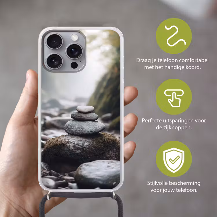 Stenen - Stapel - Natuur Hoesje iPhone 16 Pro Max met koord klein -sfeer2_NL
