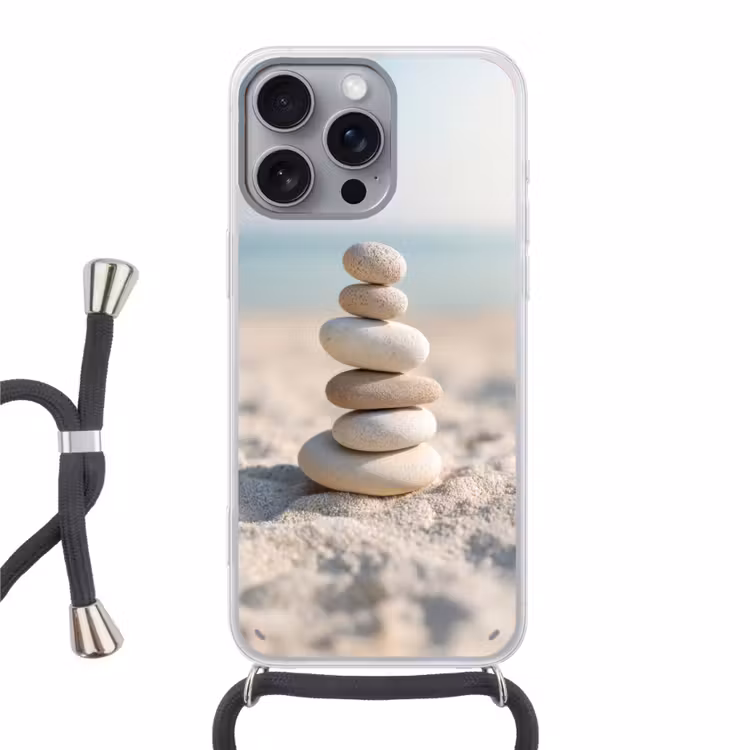 Stenen - Stapel - Zand - Zee Hoesje iPhone 16 Pro Max met koord klein -3d