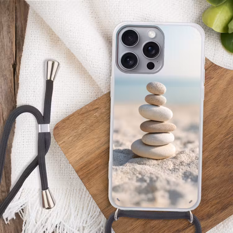 Stenen - Stapel - Zand - Zee Hoesje iPhone 16 Pro Max met koord klein -sfeer4