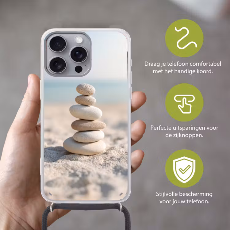 Stenen - Stapel - Zand - Zee Hoesje iPhone 16 Pro Max met koord klein -sfeer2_NL