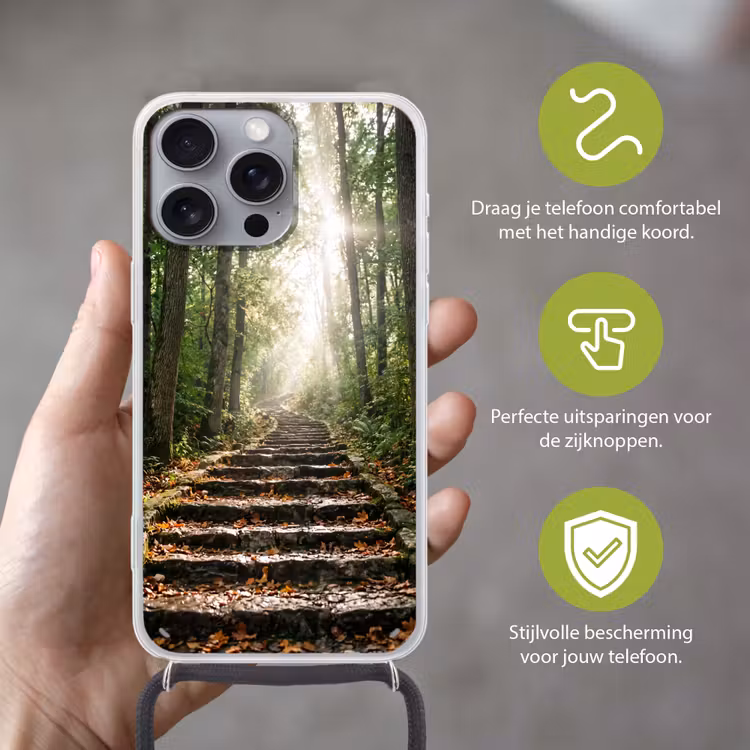 Stenen - Trap - Bos - Natuur Hoesje iPhone 16 Pro Max met koord klein -sfeer2_NL