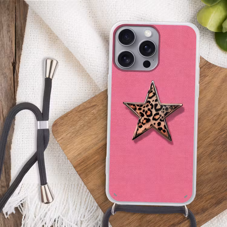 Ster - Luipaard - Print - Roze Hoesje iPhone 16 Pro Max met koord klein -sfeer4
