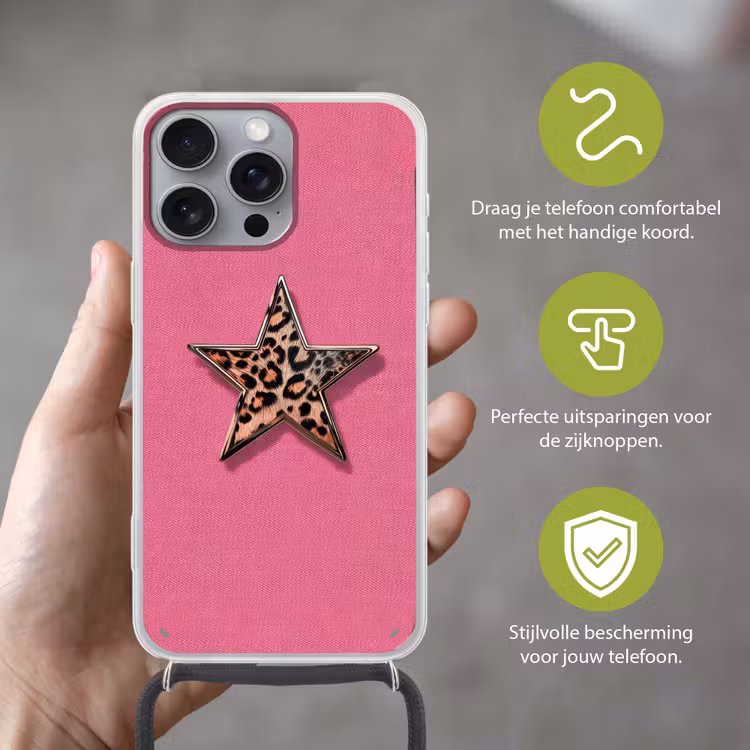 Ster - Luipaard - Print - Roze Hoesje iPhone 16 Pro Max met koord klein -sfeer2_NL