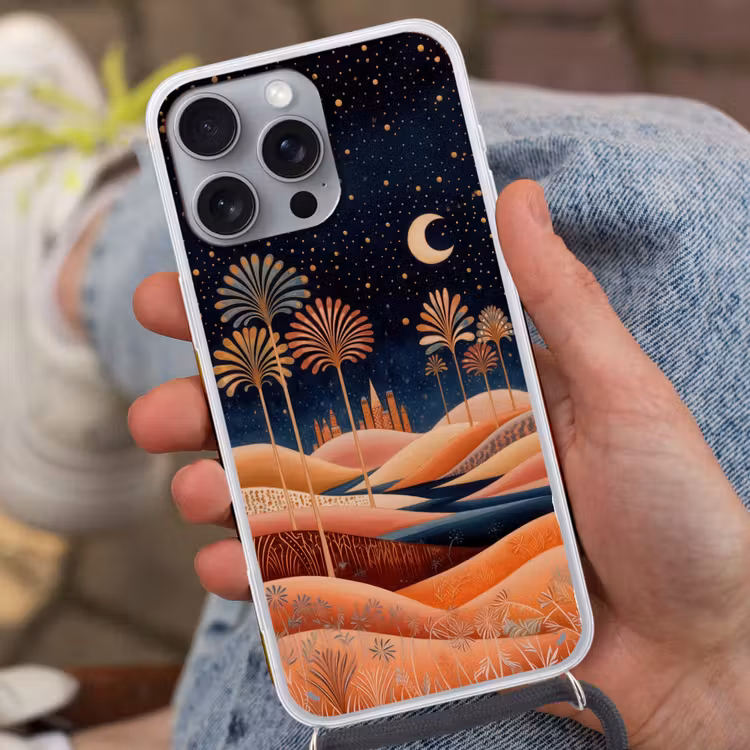 Sterrenhemel - Palmen - Rivier Hoesje iPhone 16 Pro Max met koord klein -sfeer3