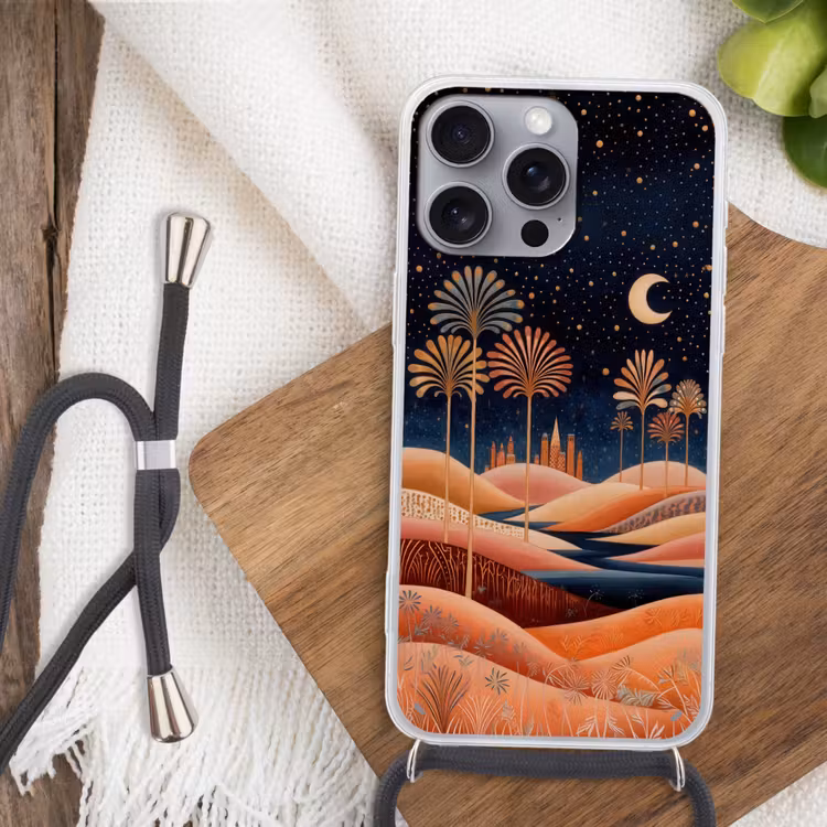 Sterrenhemel - Palmen - Rivier Hoesje iPhone 16 Pro Max met koord klein -sfeer4