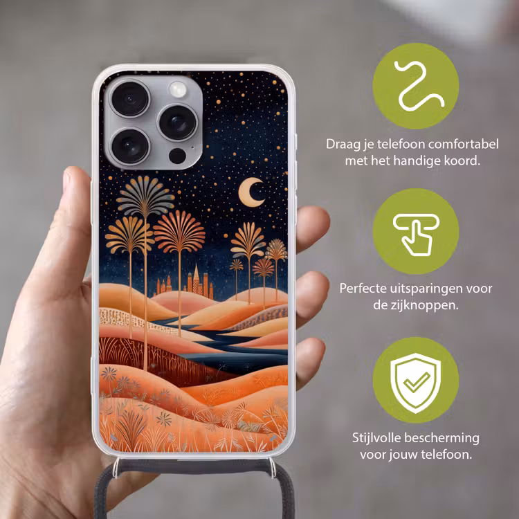Sterrenhemel - Palmen - Rivier Hoesje iPhone 16 Pro Max met koord klein -sfeer2_NL