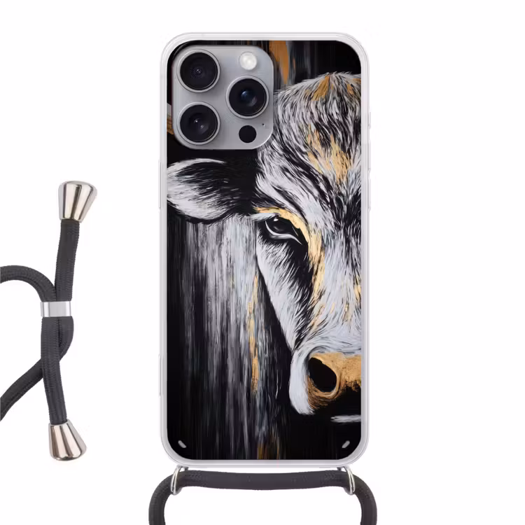 Stier - Hoorns - Snuit - Goud Hoesje iPhone 16 Pro Max met koord klein -3d