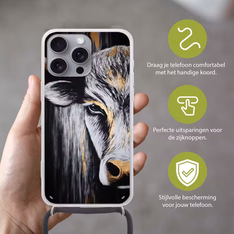 Stier - Hoorns - Snuit - Goud Hoesje iPhone 16 Pro Max met koord klein -sfeer2_NL