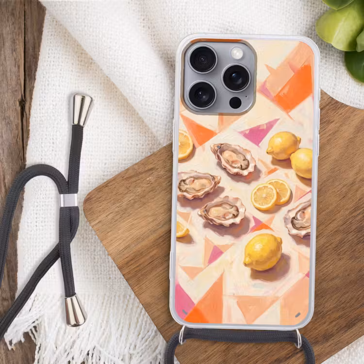 Stilleven - Citroenen - Oesters - Abstract - Oranje Hoesje iPhone 16 Pro Max met koord klein -sfeer4