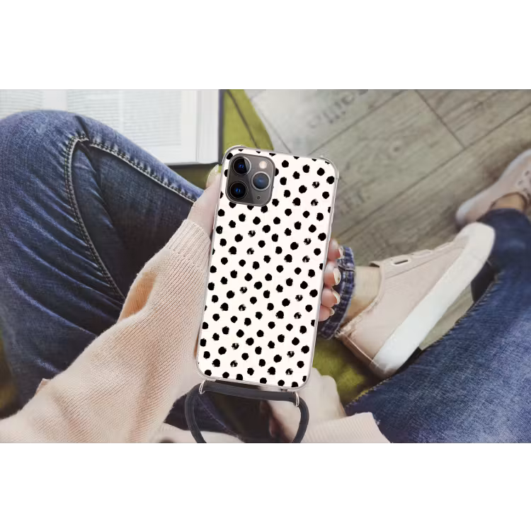 Stippen - Zwart - Wit - Print - Minimalistisch Hoesje iPhone 12 Pro met koord klein -hand