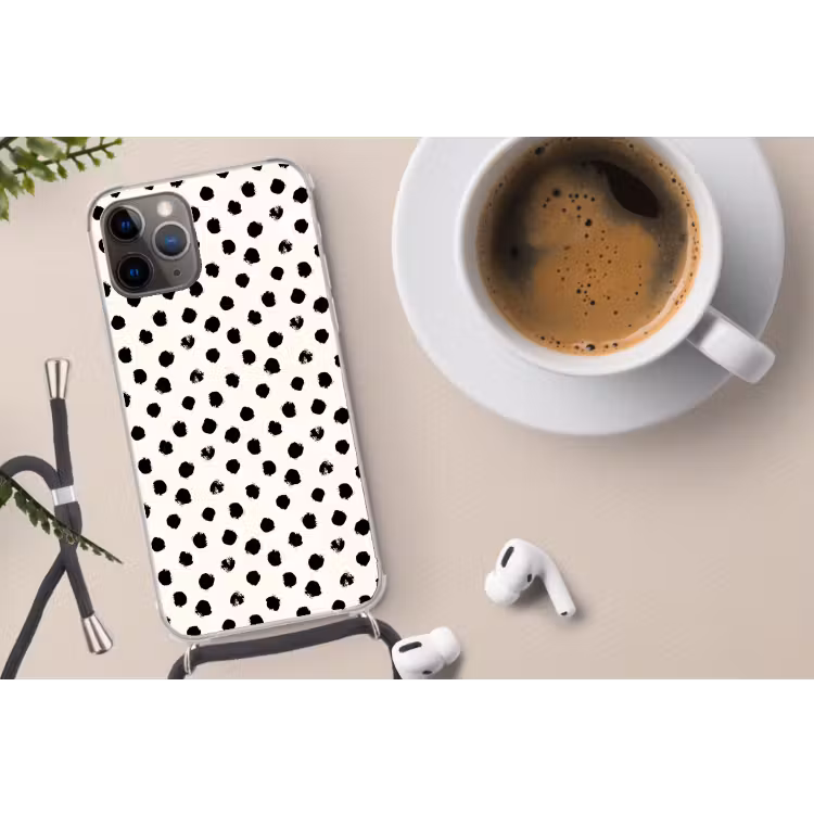 Stippen - Zwart - Wit - Print - Minimalistisch Hoesje iPhone 12 Pro met koord klein -oordop