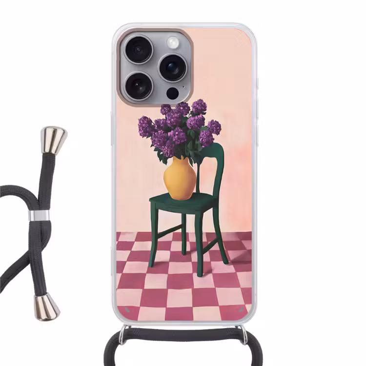Stoel - Vaas - Bloemen - Geblokt Hoesje iPhone 16 Pro Max met koord klein -3d