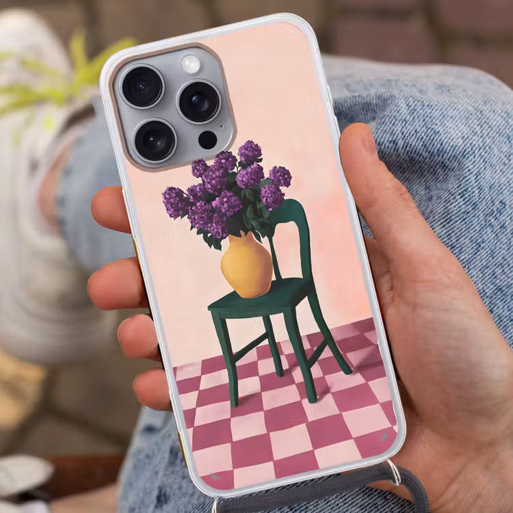 Stoel - Vaas - Bloemen - Geblokt Hoesje iPhone 16 Pro Max met koord klein -sfeer3