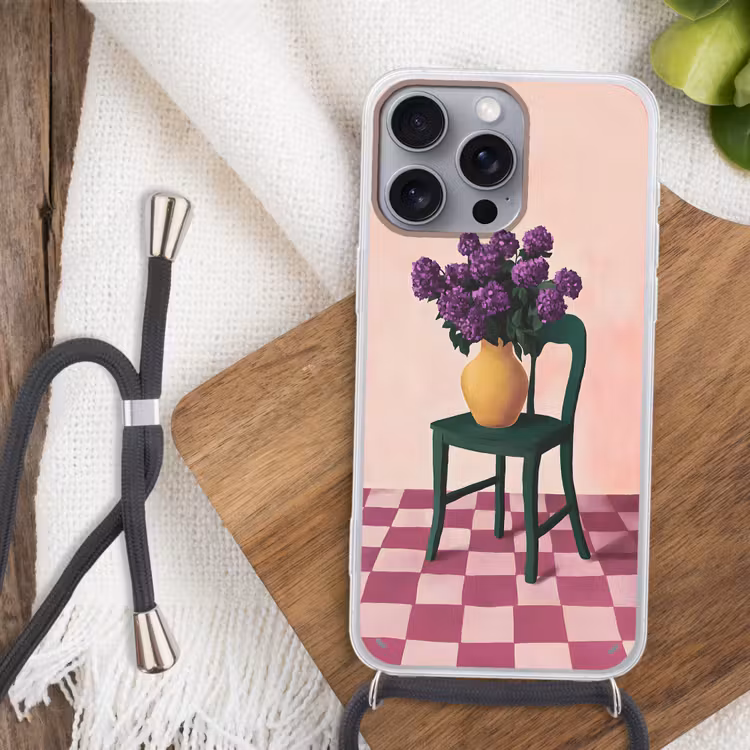 Stoel - Vaas - Bloemen - Geblokt Hoesje iPhone 16 Pro Max met koord klein -sfeer4