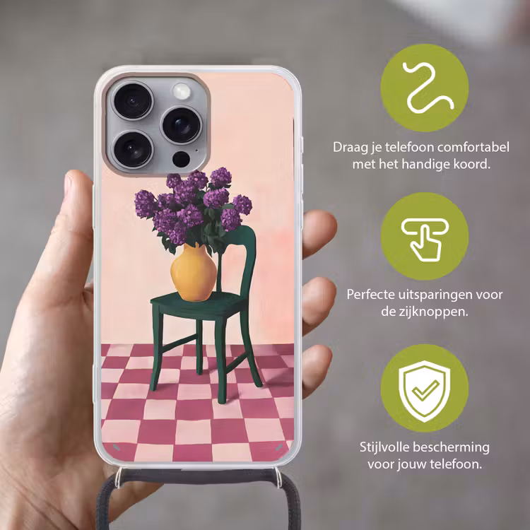 Stoel - Vaas - Bloemen - Geblokt Hoesje iPhone 16 Pro Max met koord klein -sfeer2_NL