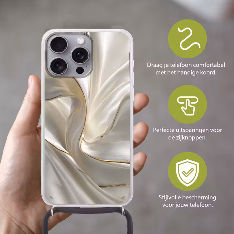 Stof - Plooien - Goud Hoesje iPhone 16 Pro Max met koord klein -sfeer2_NL