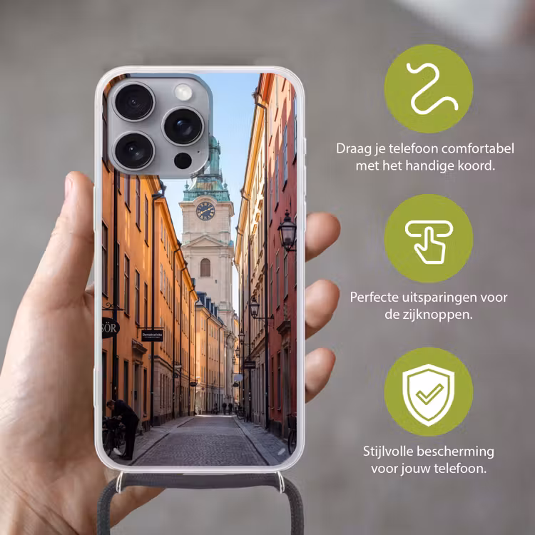 Straat - Klokkentoren - Stad - Architectuur - Historisch Hoesje iPhone 16 Pro Max met koord klein -sfeer2_NL