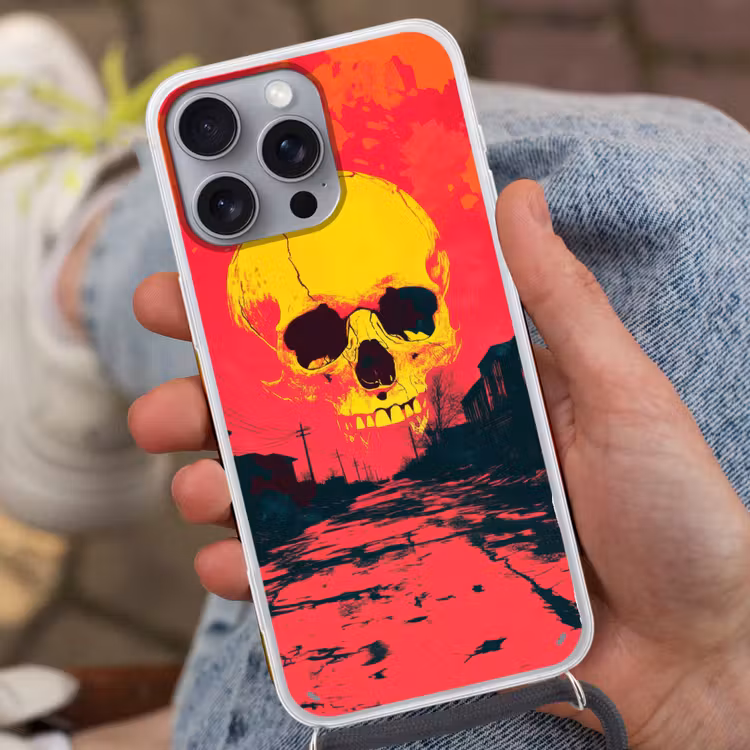 Straat - Verlaten - Schedel - Geel Hoesje iPhone 16 Pro Max met koord klein -sfeer3