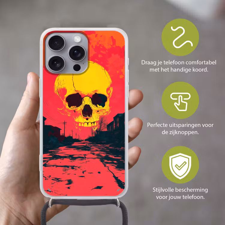 Straat - Verlaten - Schedel - Geel Hoesje iPhone 16 Pro Max met koord klein -sfeer2_NL