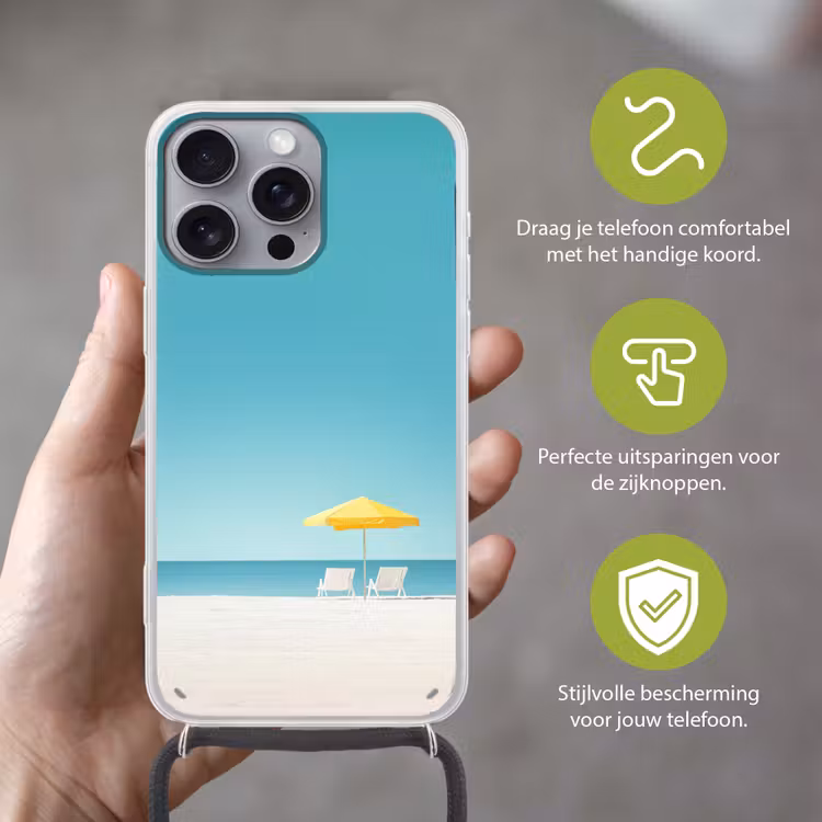 Strand - Blauwe lucht - Geel - Parasol Hoesje iPhone 16 Pro Max met koord klein -sfeer2_NL