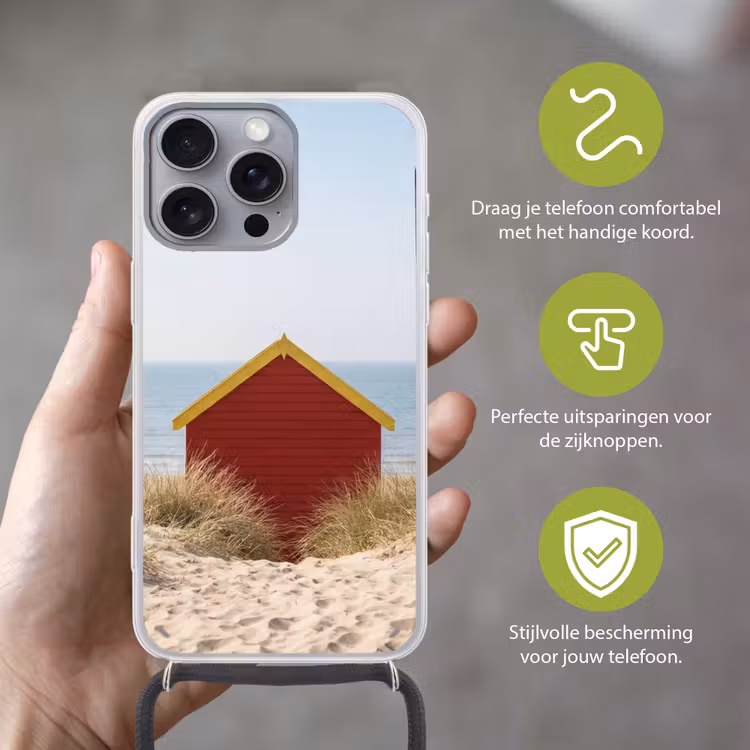 Strand - Huisjes - Kleurrijk - Duinen Hoesje iPhone 16 Pro Max met koord klein -sfeer2_NL