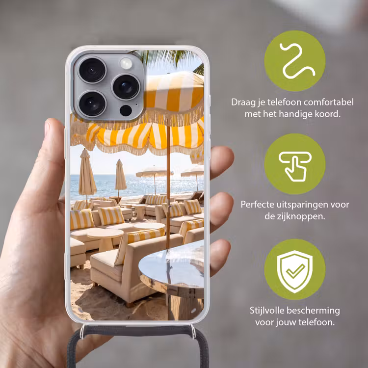 Strand - Ligbedden - Vakantie - Modern - Geel Hoesje iPhone 16 Pro Max met koord klein -sfeer2_NL