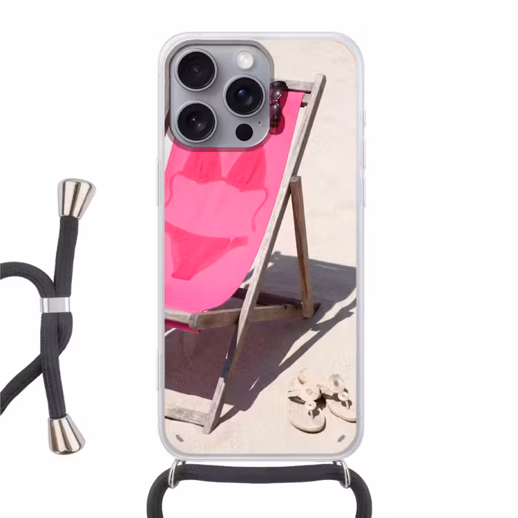 Strand - Ligstoel - Badkleding - Zomer - Roze Hoesje iPhone 16 Pro Max met koord klein -3d