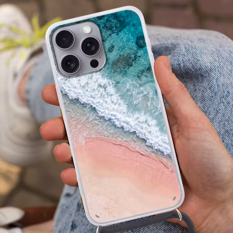 Strand - Oceaan - Golven - Roze Zand - Natuur Hoesje iPhone 16 Pro Max met koord klein -sfeer3