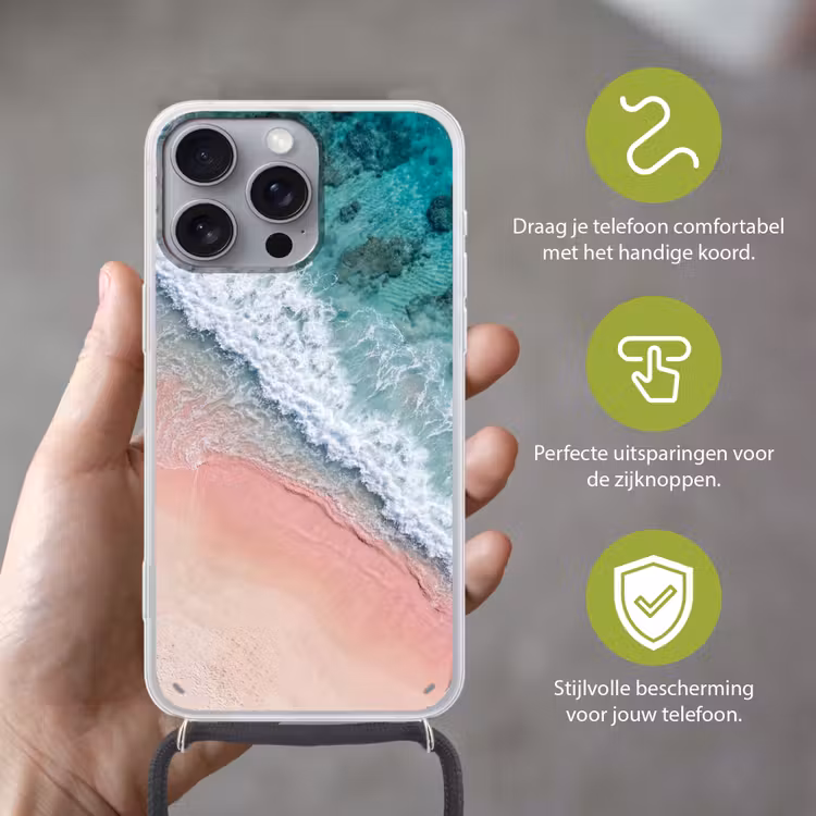 Strand - Oceaan - Golven - Roze Zand - Natuur Hoesje iPhone 16 Pro Max met koord klein -sfeer2_NL