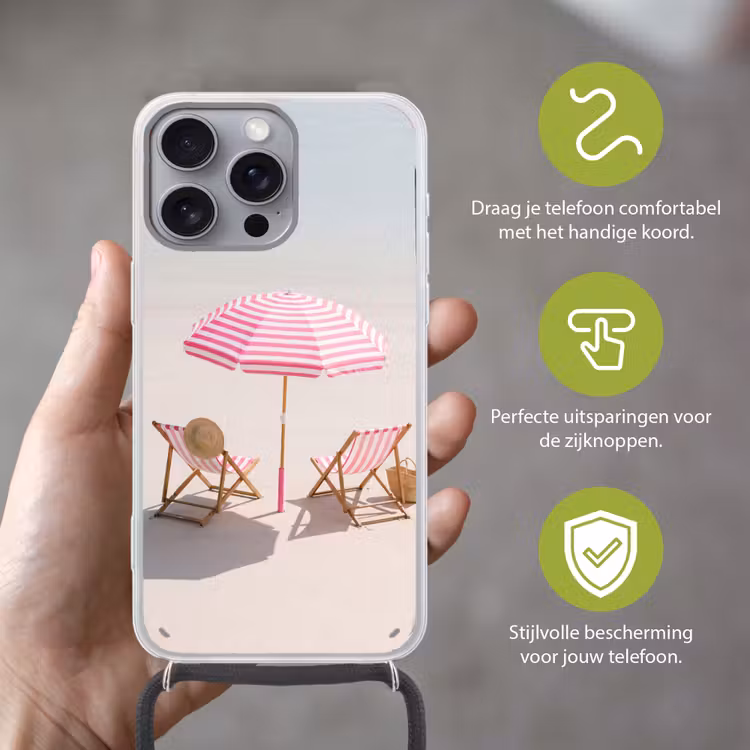 Strand - Parasol - Ligstoel - Zomer - Roze Hoesje iPhone 16 Pro Max met koord klein -sfeer2_NL