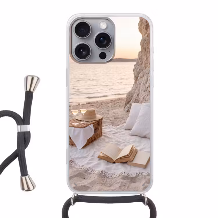 Strand - Picknick - Zonsondergang - Zomer - Natuur Hoesje iPhone 16 Pro Max met koord klein -3d