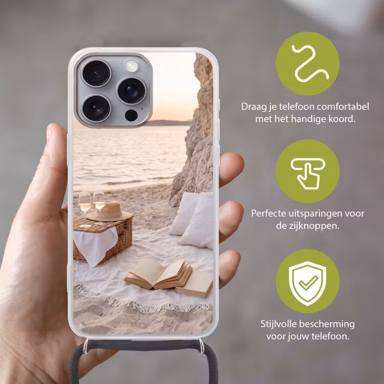 Strand - Picknick - Zonsondergang - Zomer - Natuur Hoesje iPhone 16 Pro Max met koord klein -sfeer2_NL