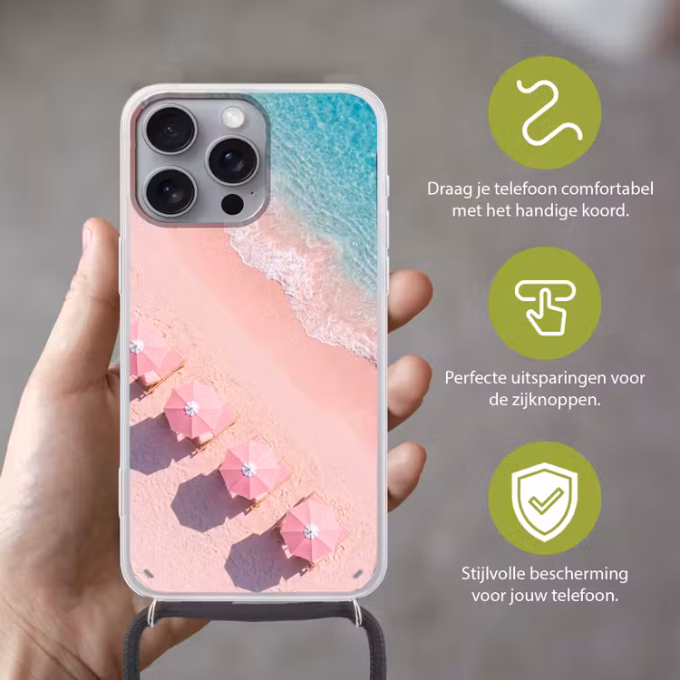 Strand - Roze zand - Zee - Zomer - Natuur Hoesje iPhone 16 Pro Max met koord klein -sfeer2_NL